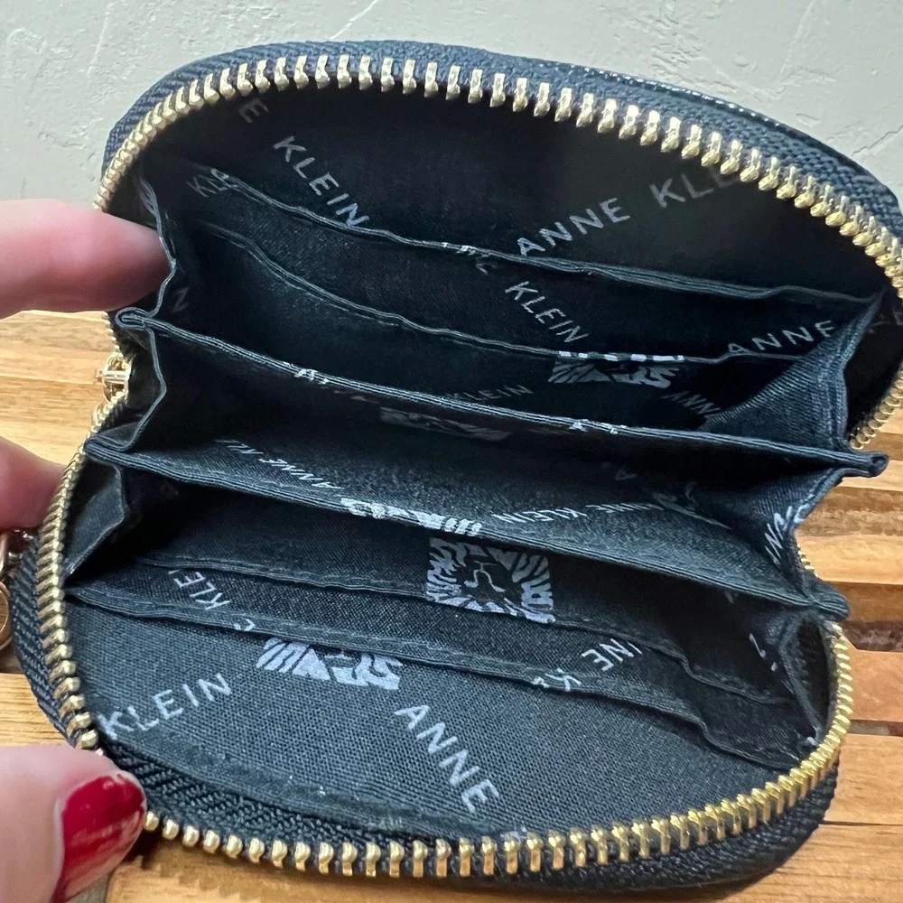 Anne Klein Black Lizard Embossed Accordion Card Case Keychain Wallet Gold Tone